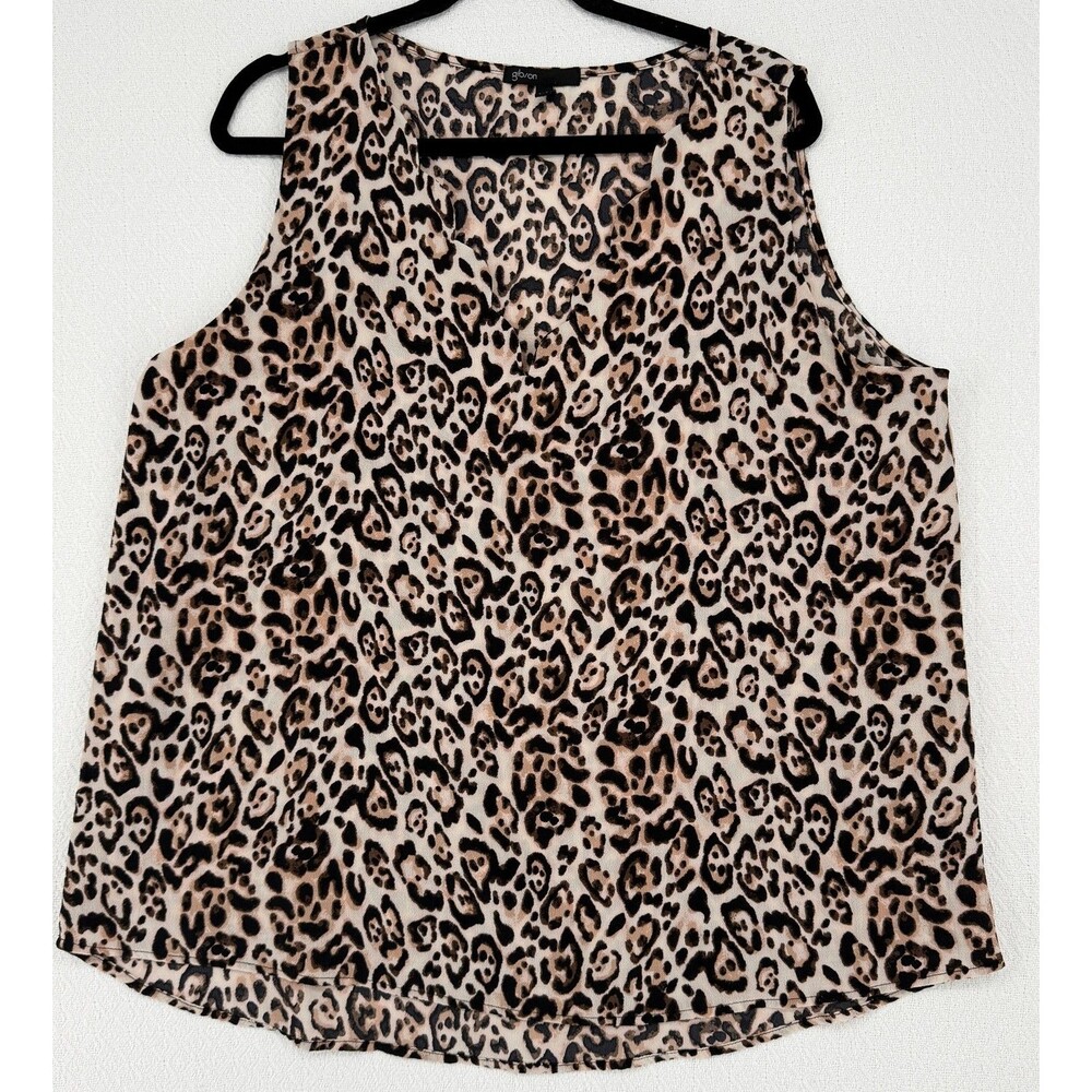 Gibson Womens XXL Tan Leopard Print Sleeveless V Neck Top Polyester